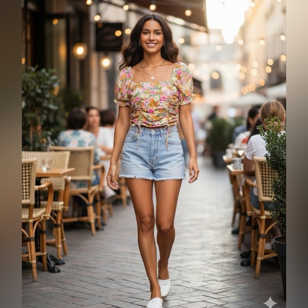 Derek Heart Pink and Yellow Puff Sleeve Crop Top